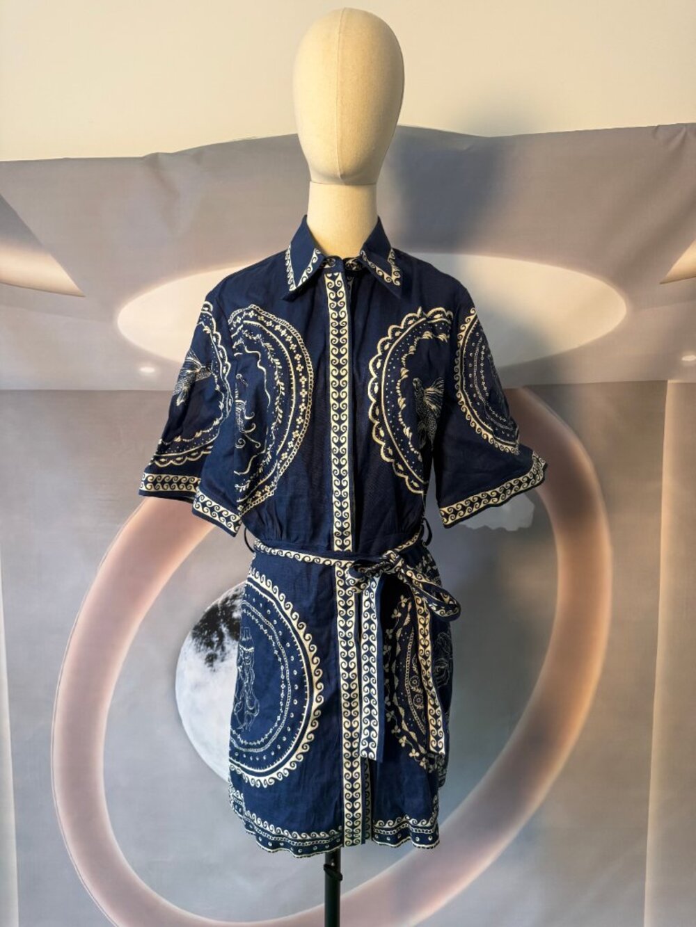 Alemais Oceane Mini Dress Navy Floral Linen Puff Sleeve Dress - Picture 5 of 12